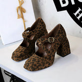 Retro Shoes Chunky Heel High Heel Waterproof Platform Low Cut Square Toe Cross Suede Leopard Print Pumps